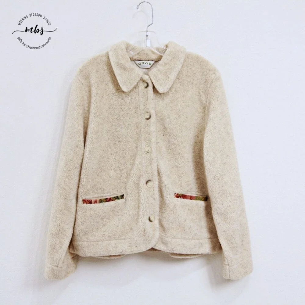 Orvis Vintage Faux Sherpa Floral Tapestry Teddy Jacket Cream Tan Women M‎